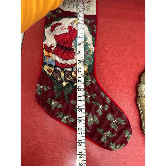 Vintage Christmas Stocking Wool Needlepoint Santa Tree Holiday Greetings - Picture 3 of 7